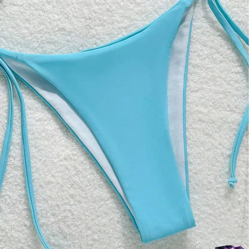 Costume da bagno bikini sexy a tinta unita, due pezzi, ad asciugatura rapida, senza schienale, in tessuto di nylon ad alta elasticità per nuoto e attività acquatiche.