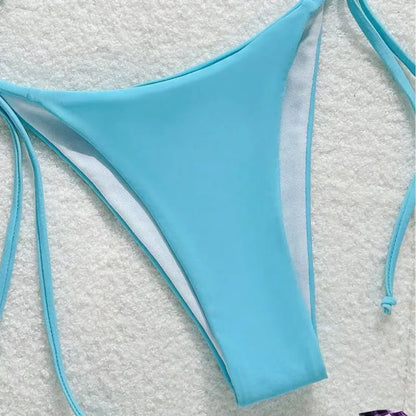 Costume da bagno bikini sexy a tinta unita, due pezzi, ad asciugatura rapida, senza schienale, in tessuto di nylon ad alta elasticità per nuoto e attività acquatiche.