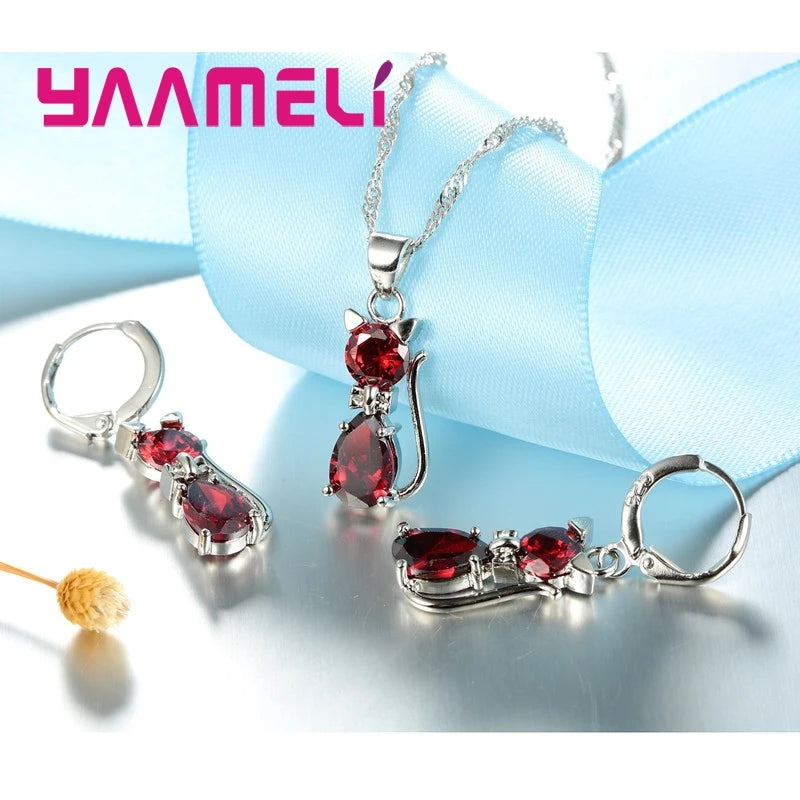 Set di gioielli in vero argento sterling 925 per donna ragazza brillante cristallo austriaco collana con ciondolo gatto carino orecchino Huggie
