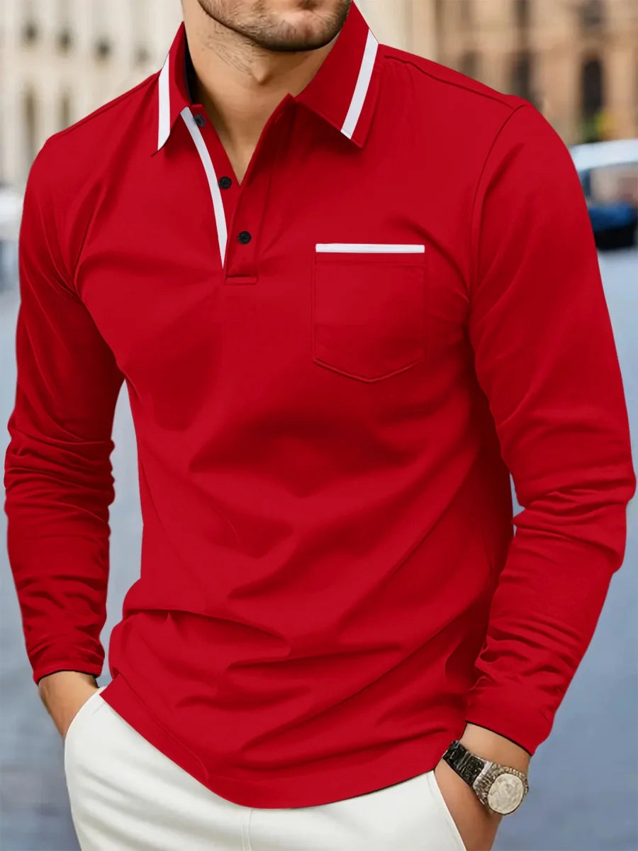Maglia da Golf da Uomo Primaverile e Autunnale Best-Seller, con Colletto e Tasca, Comoda, Casual, Sportiva, Tinta Unita, a Maniche Lunghe, Traspirante