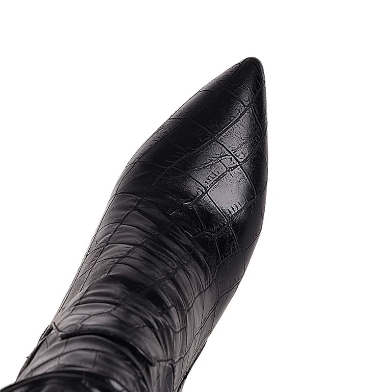 Western Cowboy Boots for Women Winter Footwear Shoes Square Heels Quality Knee High Boot Female Snake Leather Large Size 45 48
