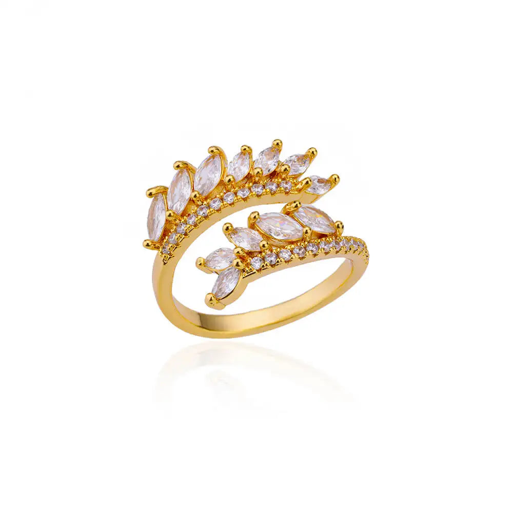 Anelli a foglia a doppio strato con zirconi di lusso per le donne Anello in acciaio inossidabile color oro Boho Coppia gioielli Accessori anelli mujer