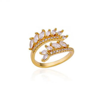Anelli a foglia a doppio strato con zirconi di lusso per le donne Anello in acciaio inossidabile color oro Boho Coppia gioielli Accessori anelli mujer