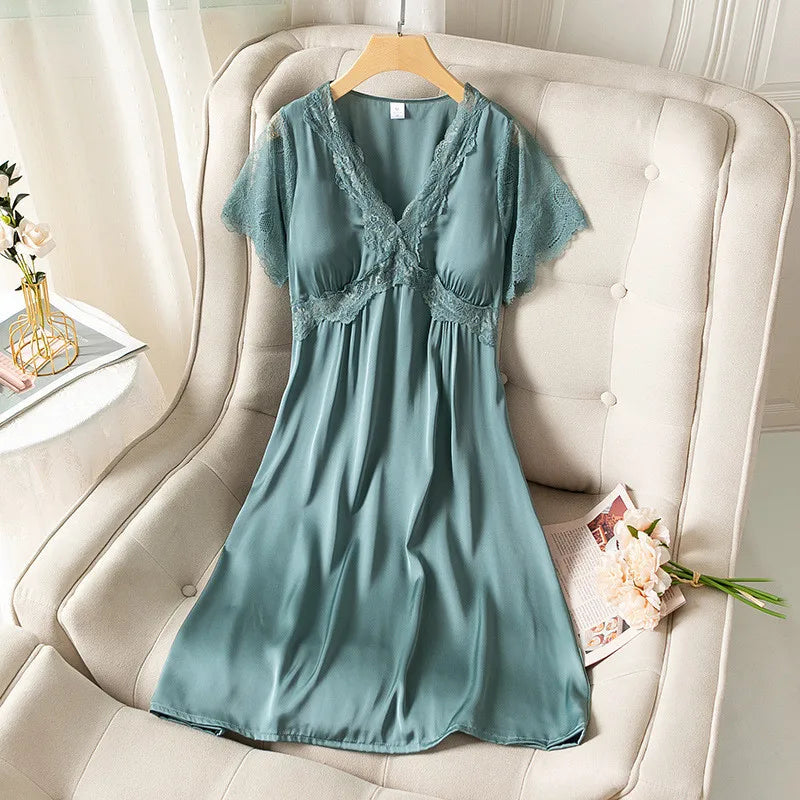 Fdfklak camicia da notte estiva da donna a maniche corte sottile in raso di seta Sexy nuova camicia da notte da notte da notte da donna in pizzo principessa