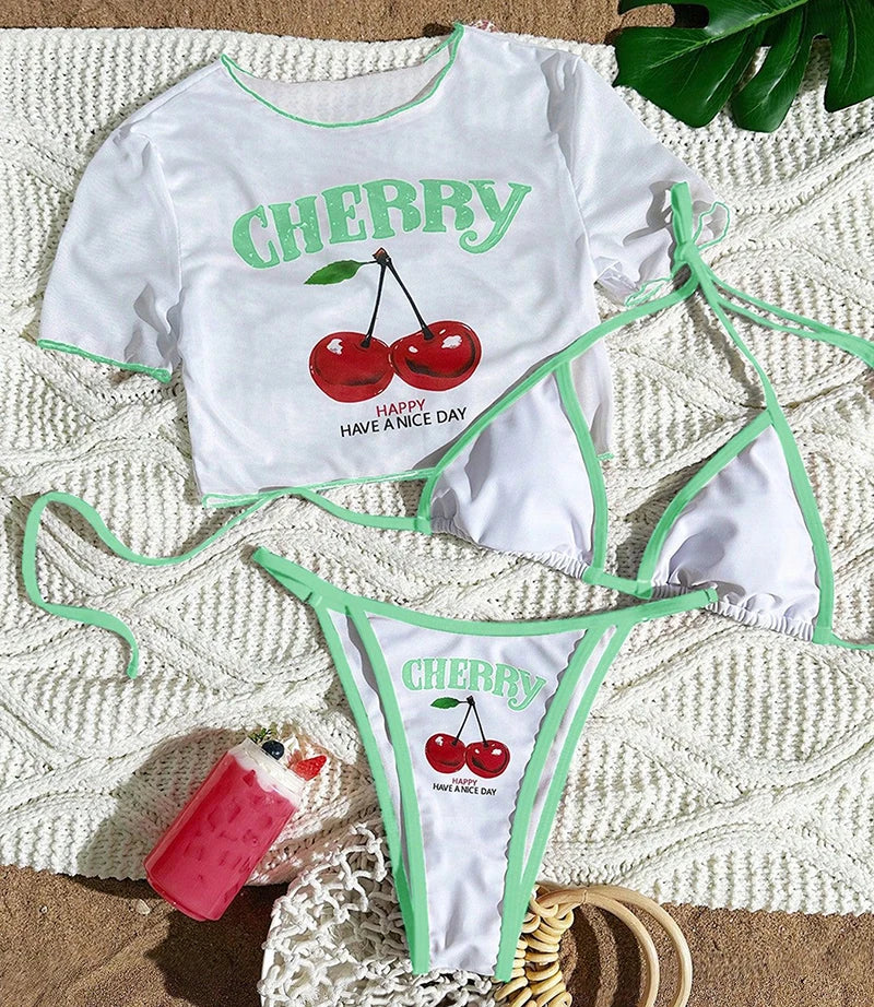 Sexy Thong Bikini 2026 Women Cherry Print Bikinis Short Sleeve Three-pieces Split Bathing Suit Summer Lace Up Swimsuit Beachwear