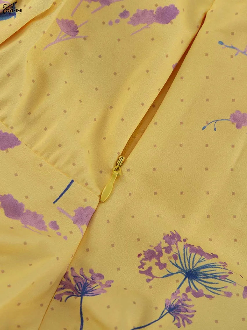 Oymimi Abito da donna casual con stampa gialla Elegante cinturino per spaghetti Abiti aperti sul retro Abito alla caviglia a vita alta moda autunnale
