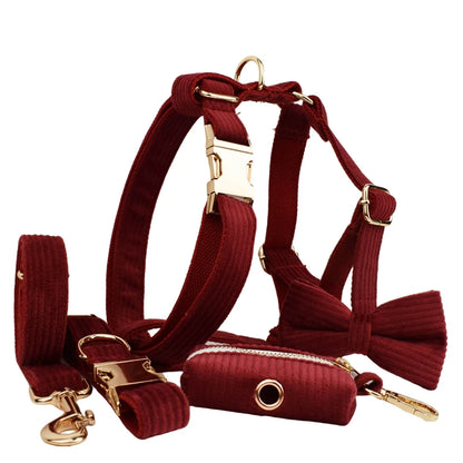 Set Collare e Guinzaglio per Cani in Corduroy Rosso Vino con Targhetta Personalizzata Incisa, Accessori per Animali Domestici
