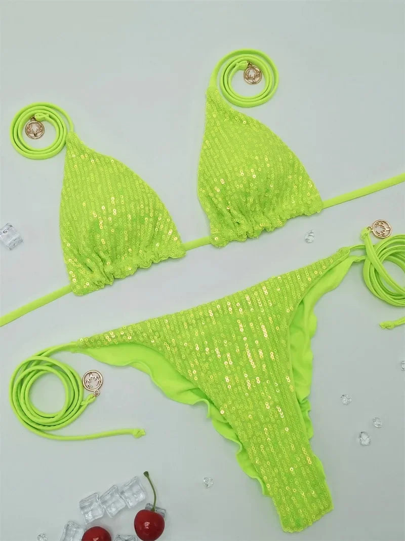Solid Bikini Sexy Swimsuit Halter Swimwear Bathing Suit Women  Bikini Set Beach Wear Shiny Bikni Sets