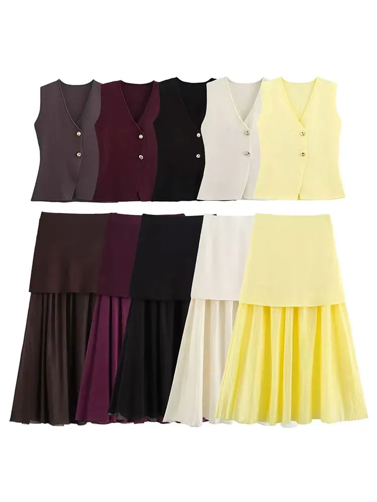 HH Set di gonne lavorate a maglia eleganti femminili 2024 Scollo a V con bottoni Canottiera + Gonna a pieghe patchwork a-line Abito solido alla moda