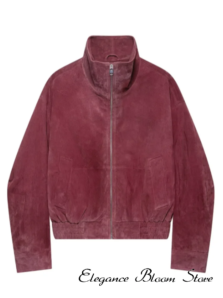 Giacca da pilota in pelle da donna con colletto alto, cerniera rossa, cappotto corto, abbigliamento casual alla moda, novità 2026, streetwear.