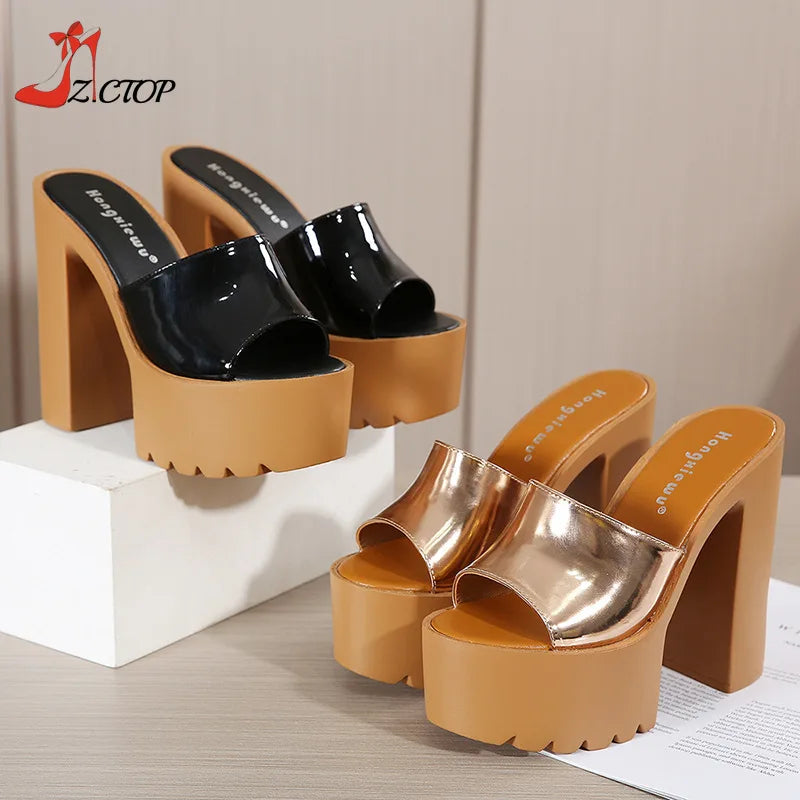 Sandales d'été à talons super hauts pour femmes Chaussures à talons épais compensés de 14 cm pour femmes à bout ouvert