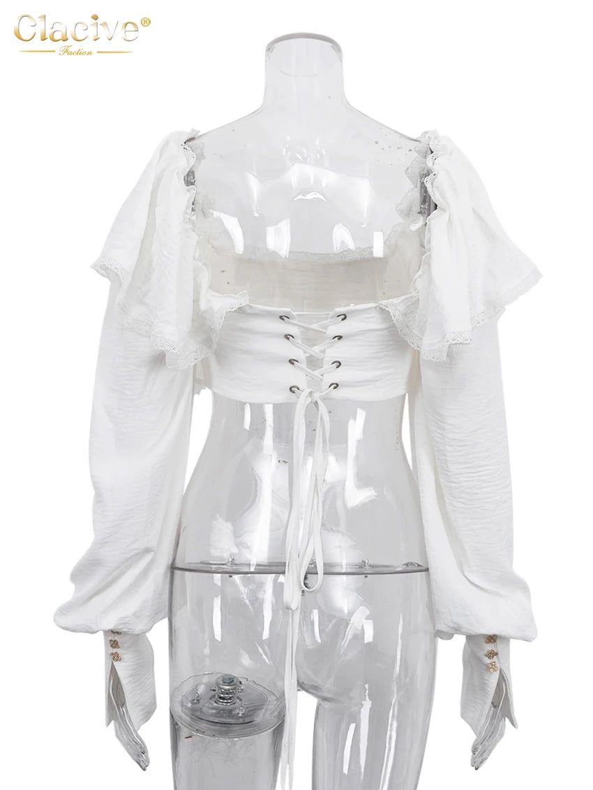 Clacive Top da donna bianco sottile sexy 2025 Moda colletto quadrato manica lunga Crop Top elegante classico solido Top abbigliamento femminile