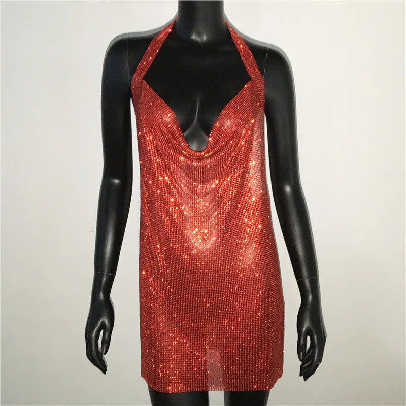 Mini abito sexy con scollo a V senza schienale per le donne Abiti da sera da club per feste con strass lucidi con scollo all'americana e spacco laterale