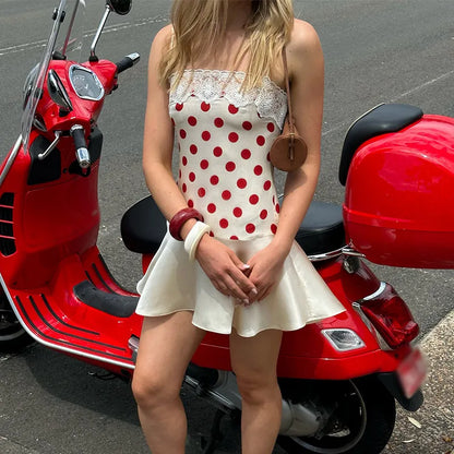 Abito Elegante Estivo 2026 da Donna con Stampa a Pois e Inserti in Pizzo, Vestito da Spiaggia Senza Maniche con Schiena Scoperta in Raso e Spalline Sottili