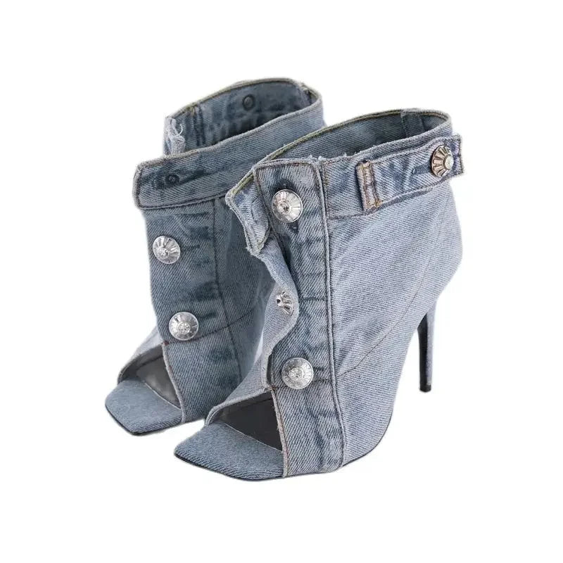 Summer Sandals Stiletto Heel Ladies Shoes Peep Toe Pumps Woman Brand Design Pumps Classic Blue Denim Boots Plus Size 43