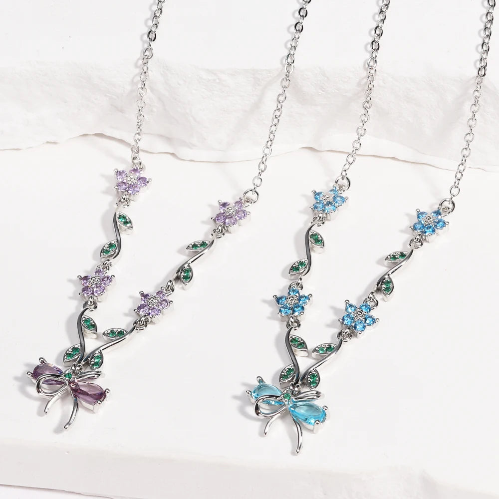 Summer New Fashion Exquisite Bow Leaf Flower Necklace For Women's Elegant Pink Zircon Chain Pendant Jewelry Gifts