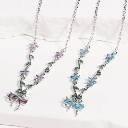 Summer New Fashion Exquisite Bow Leaf Flower Necklace For Women's Elegant Pink Zircon Chain Pendant Jewelry Gifts