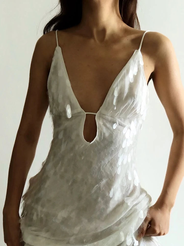 Abito lungo da donna con paillettes Abito lungo con scollo a V Solido Backless Vita alta Abiti senza maniche 2025 Moda Nuova estate Lady Party Robes