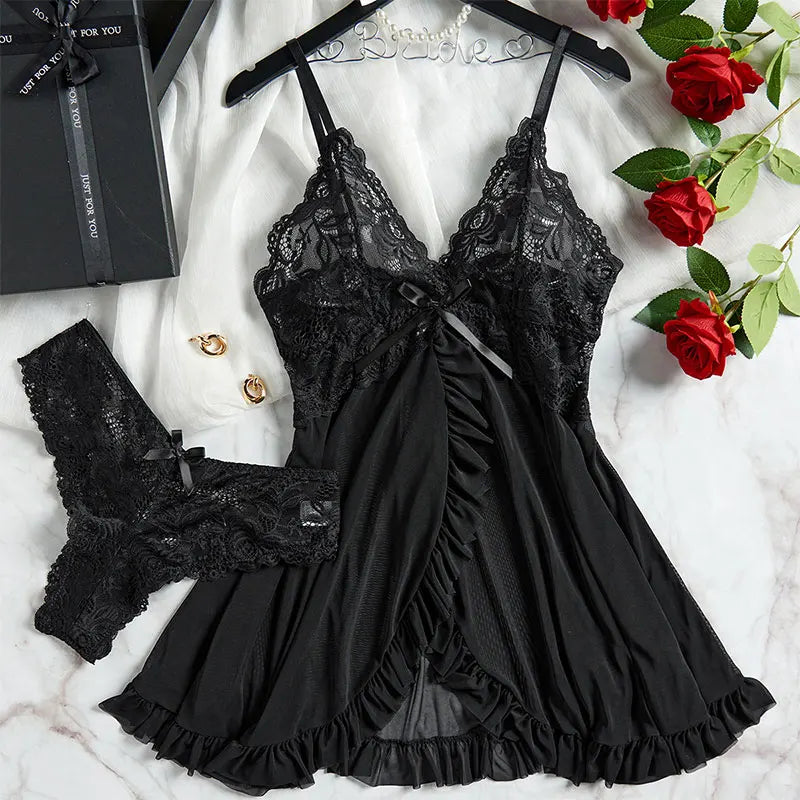 Pigiama lingerie erotica push up in pizzo a V profondo Set pigiama estivo sottile donna camicia da notte abito da notte caldo reggiseno sexy taglie forti perizoma da notte