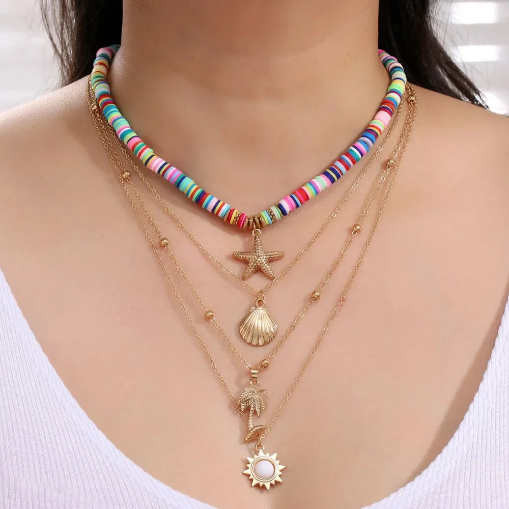 Collier de bijoux de plage d'été bohème tendance pour femmes, pendentif étoile de mer et coquillage en poterie douce, style vintage, multicouche, ras-de-cou, cadeaux