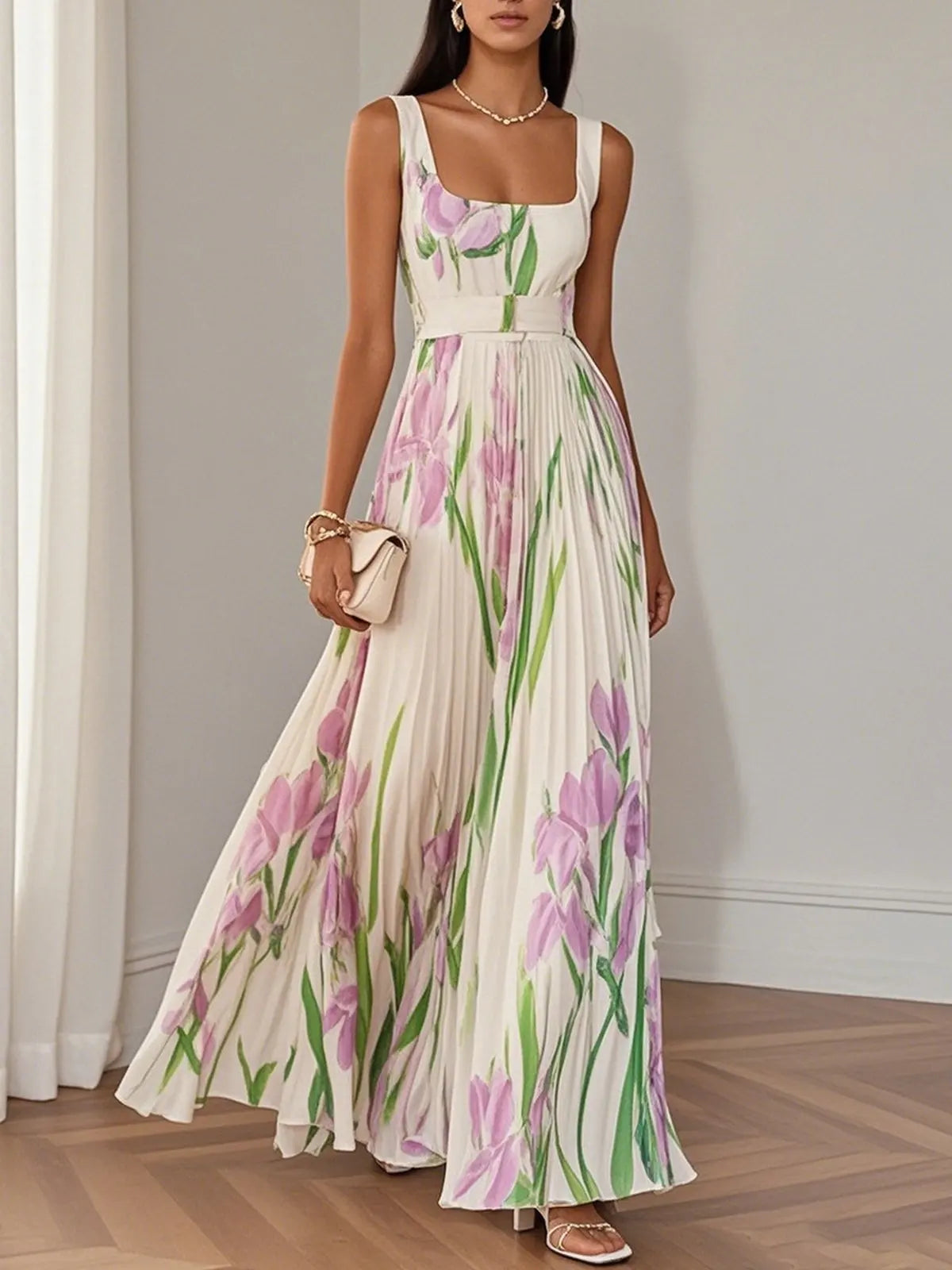 Abito lungo sexy con stampa floreale Donna Estate 2025 Abiti maxi con cinturino senza maniche alla moda eleganti