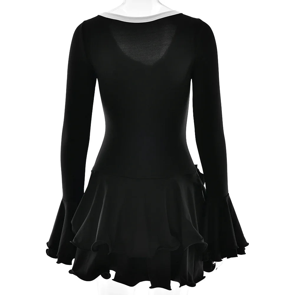 Abito corto sexy con volant patchwork bianco nero Abito corto da donna con maniche lunghe svasate con lacci Mini abiti da festa da sera Donna Blu Rosa Rosso