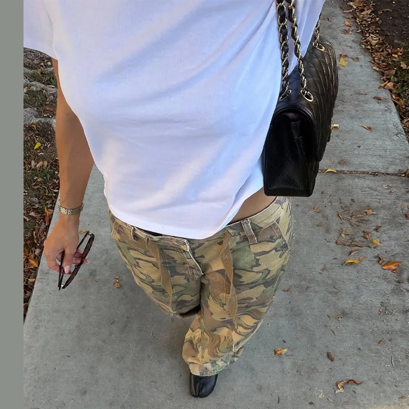 Pantaloni da donna con stampa mimetica, vita con coulisse, gamba larga, taglio ampio, orlo con coulisse, vestibilità comoda, pantaloni casual, streetwear, nuova moda 2026