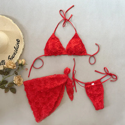 Women's Sexy 3 Piece Bikini Set 3D Flower Beach Skirt Swimsuit Pure Pink Triangle Halter Backless Thong Swimwear 2025 Summer New