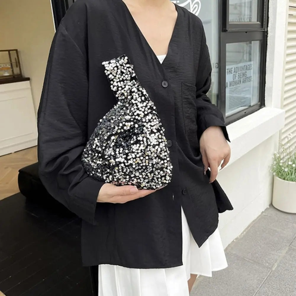 Borsa casual con nodo paillette Borsa da polso carina dorata Borsa portaoggetti portatile in tessuto stile coreano Primavera Estate