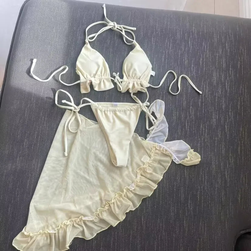 Nuovo con Sarong Halter Bikini arruffato costumi da bagno donna costume da bagno donna tre pezzi Bikini set bagnante costume da bagno Swim Lady K4144