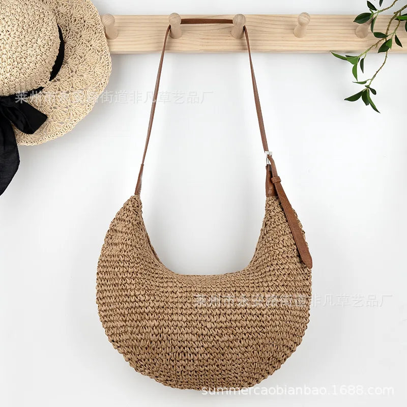 Borse a tracolla da donna in paglia casual Hobos Borse a tracolla in tessuto fatto a mano Borsa da spiaggia estiva semplice vintage Borse tote di grande capacità