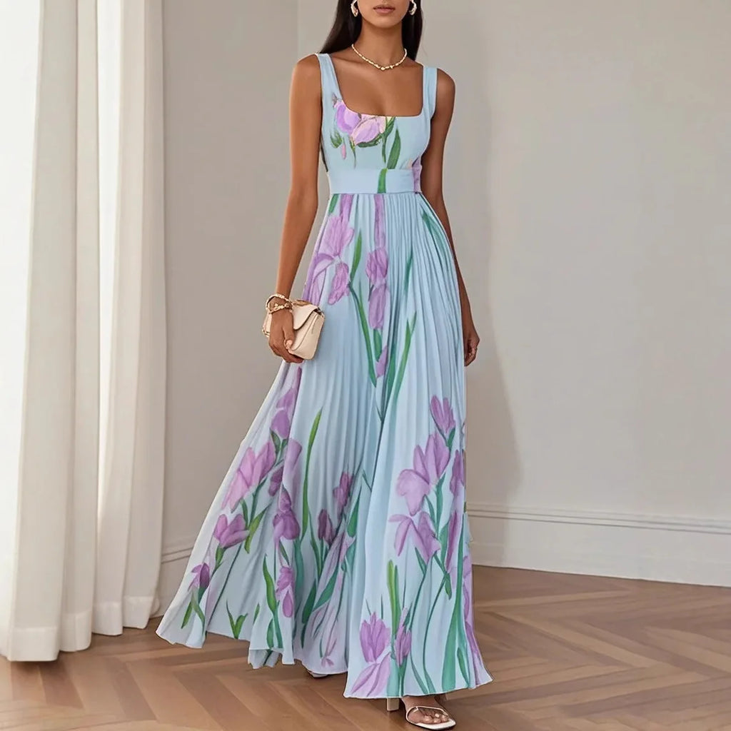 Abito lungo sexy con stampa floreale Donna Estate 2025 Abiti maxi con cinturino senza maniche alla moda eleganti