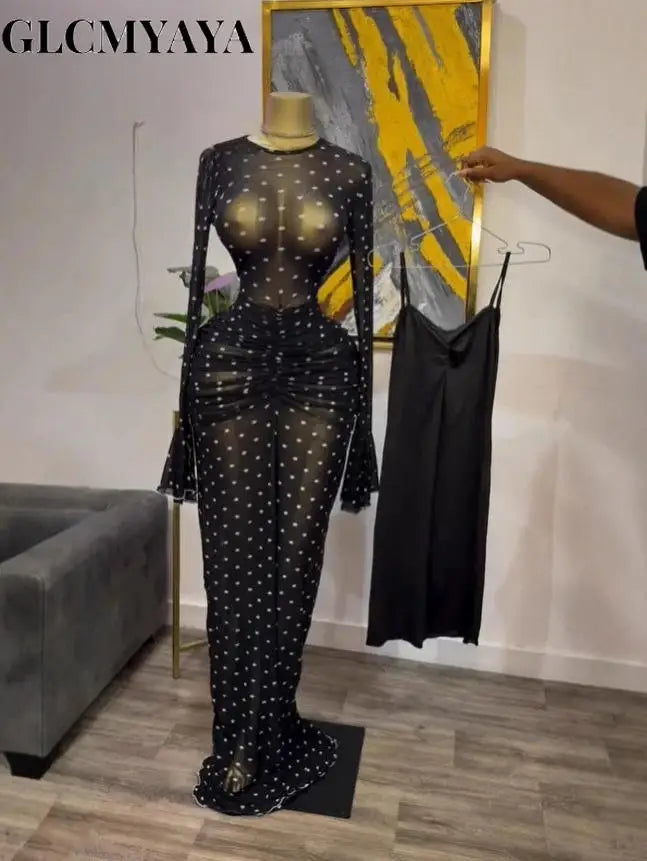 CM.YAYA 2025 Autunno Donna Manica lunga Maglia impilata Vedi anche con fodera Aderente Abito lungo da sera Compleanno Abiti da festa sexy