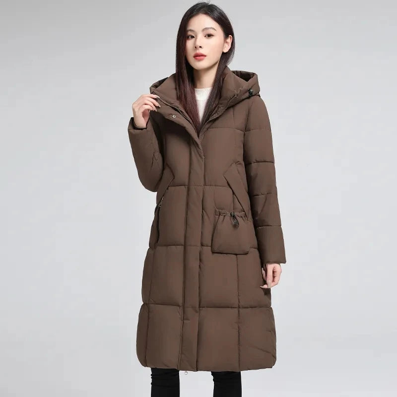 Caldo piumino in cotone da donna Inverno 2025 Nuova versione coreana Cappotto lungo con cappuccio allentato Cappotto Parka spesso antivento femminile