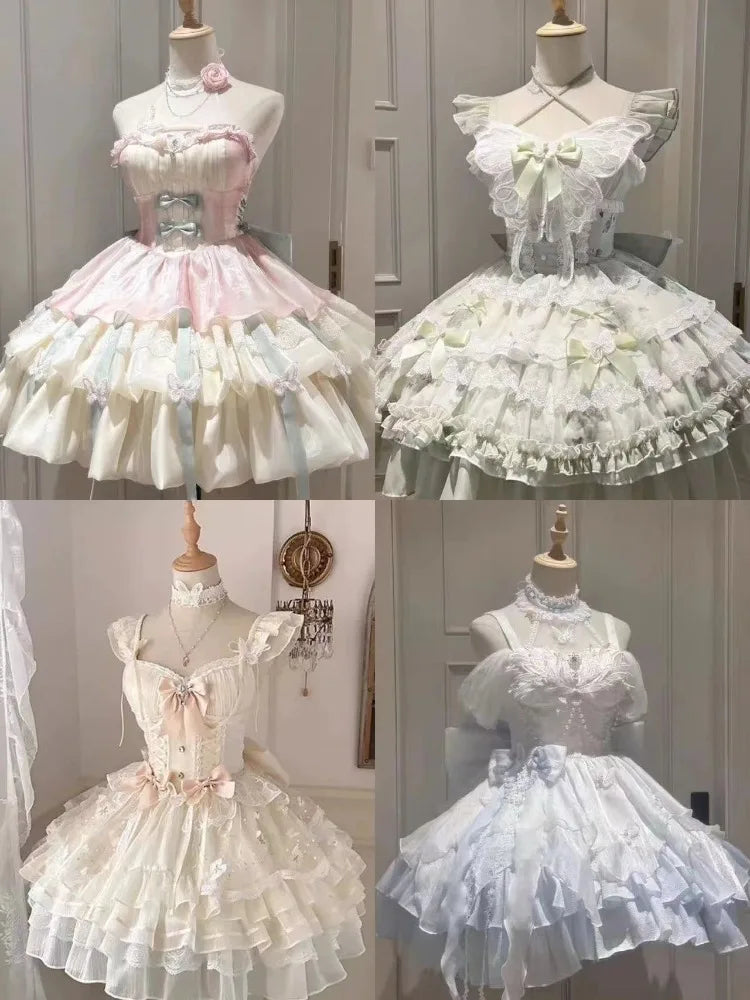 Sweet Lolita Y2k Mini abiti da donna patchwork in pizzo manica corta fasciatura elegante abito da festa corto vintage francese estivo femminile