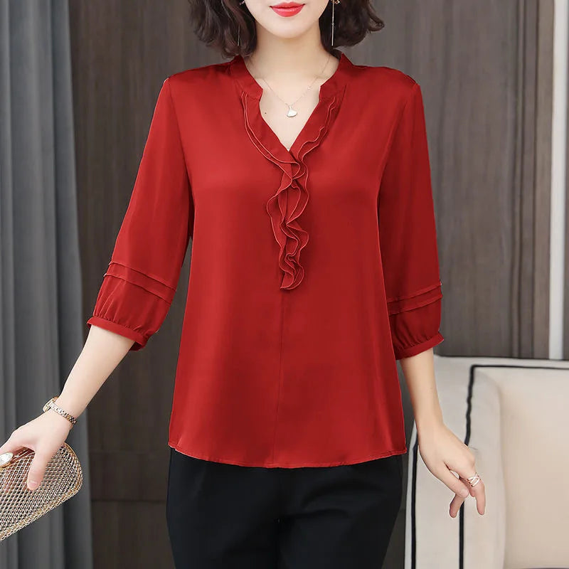 Camicia da donna primaverile ed estiva, scollo a V con maniche a tre quarti, vestibilità ampia e aderente, top con volant, DF3732