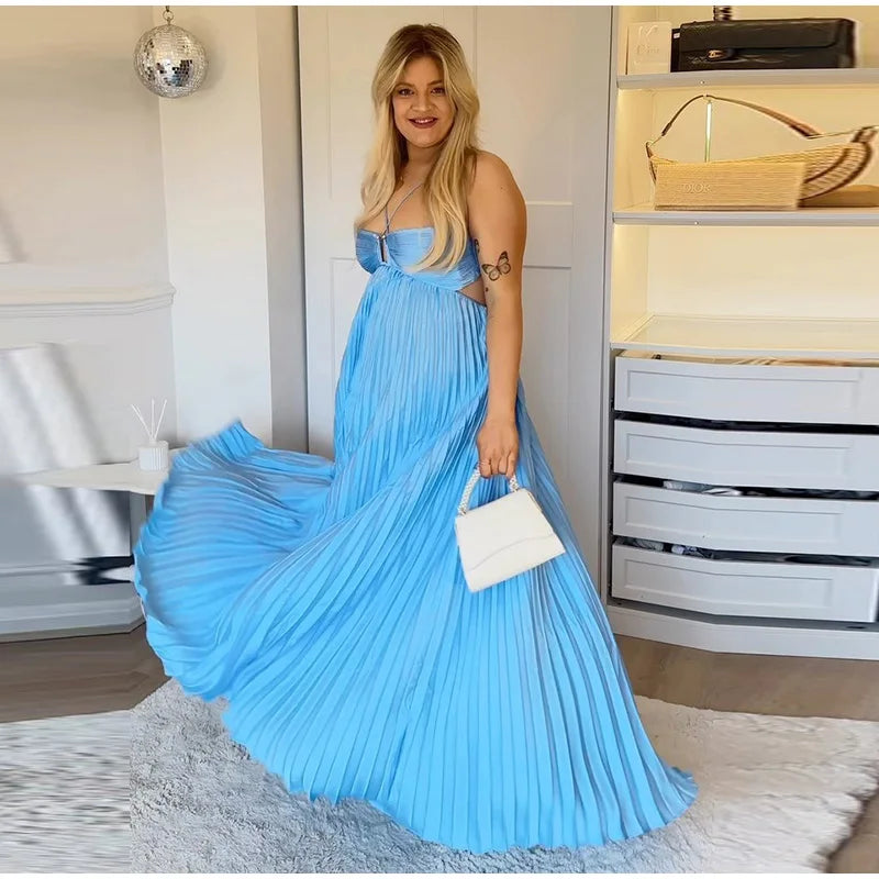 Abito Lungo Estivo da Donna con Scollo all'Americana e Pieghe, Senza Schienale, Senza Maniche, Blu, per Vacanze al Mare, Moda Femminile 2026, Vestito a Trapezio