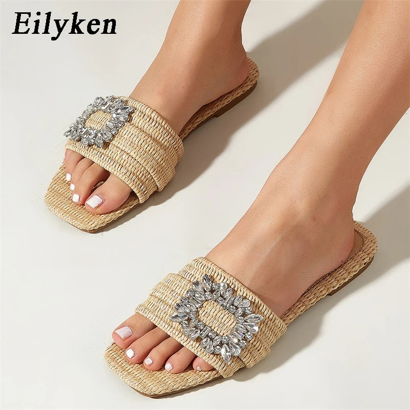 Eilyken Estate Glitter Strass Pantofole da donna Diamante brillante Fondo piatto Canna Sandali di cristallo Scivoli da spiaggia Scarpe Zapatos muje