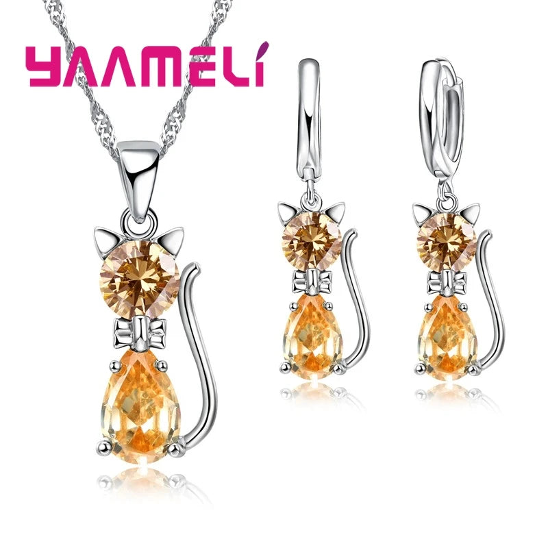 Set di gioielli in vero argento sterling 925 per donna ragazza brillante cristallo austriaco collana con ciondolo gatto carino orecchino Huggie