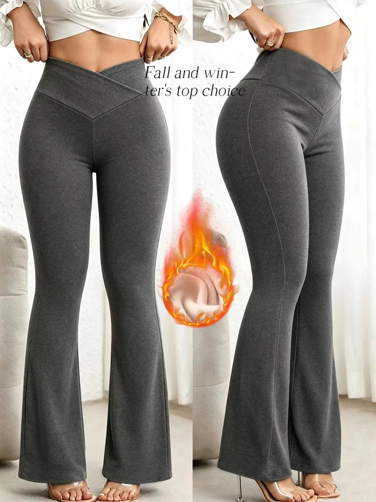 Pantaloni da donna invernali in tessuto DeRong, leggermente svasati, con vita aderente, effetto push-up sui glutei, caldi e termoisolanti