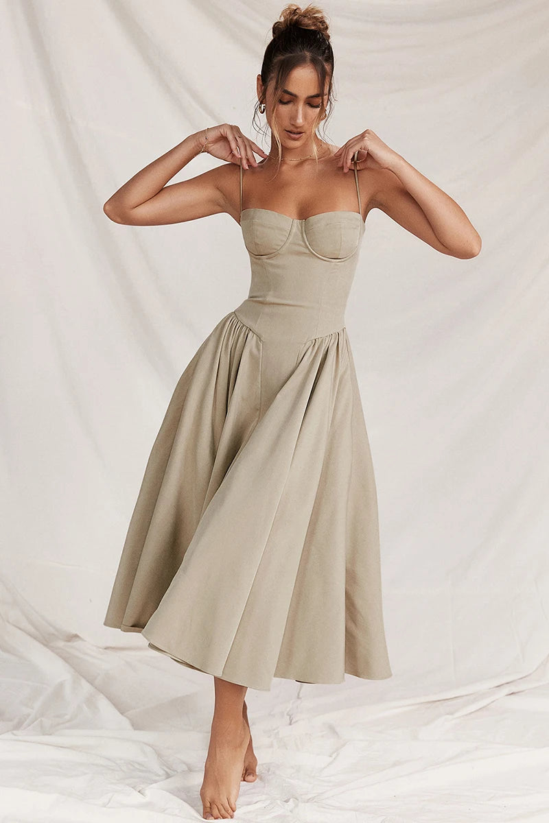 Elegante abito longuette con cinturino per spaghetti da donna Party Slim A Line Solid Bretelle Abiti da donna Nuova moda primavera estate Abiti sexy