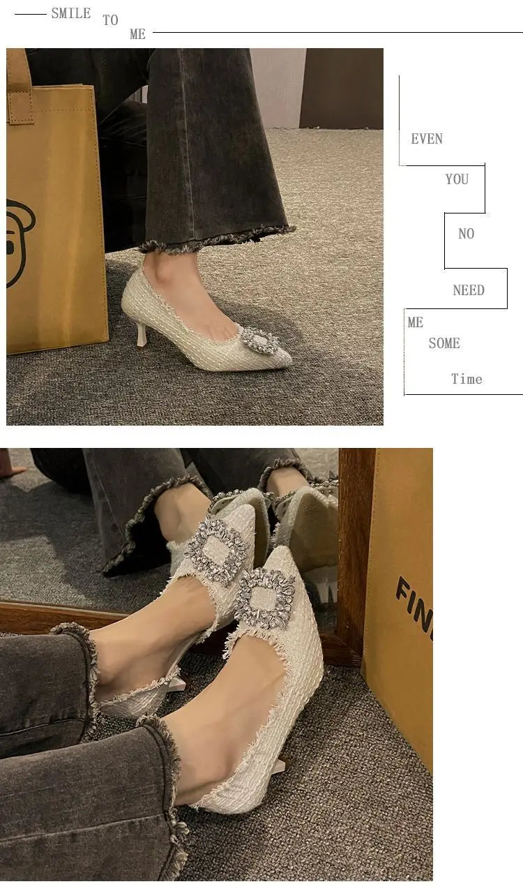 Stiletto Heels 2024 White Wedding Shoes Fashion Pointy Square Button Rhinestone Sandals Temperament Women's Women's Shoes