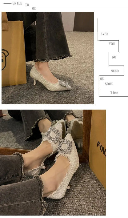 Stiletto Heels 2024 White Wedding Shoes Fashion Pointy Square Button Rhinestone Sandals Temperament Women's Women's Shoes