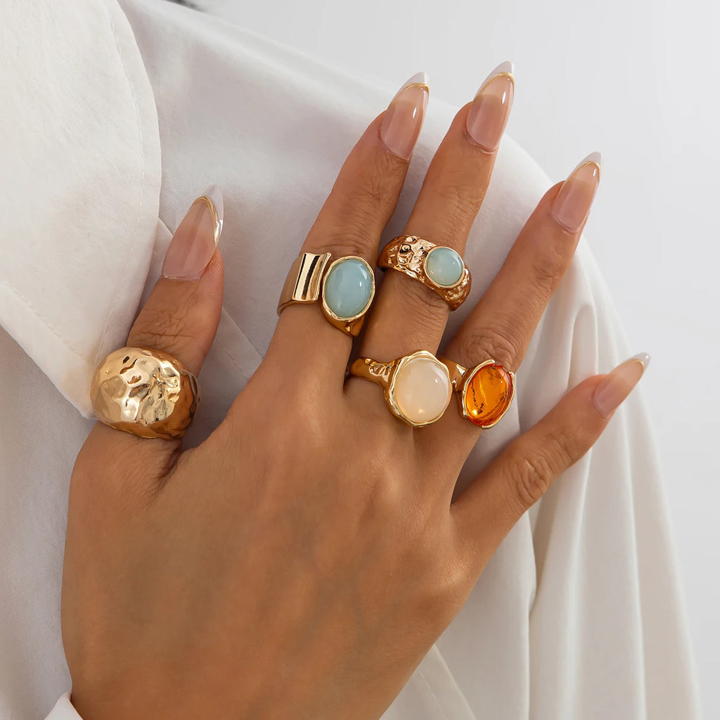 Ingemark 5 Pz/set Retro Color Oro Irregolare Anello di Metallo per Le Donne Della Boemia Aperto Regolabile Anello Ampio Estetico Y2K Regalo Dei Monili
