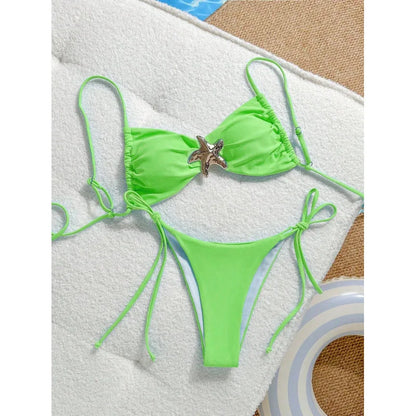 Costume da bagno bikini sexy a tinta unita, due pezzi, ad asciugatura rapida, senza schienale, in tessuto di nylon ad alta elasticità per nuoto e attività acquatiche.