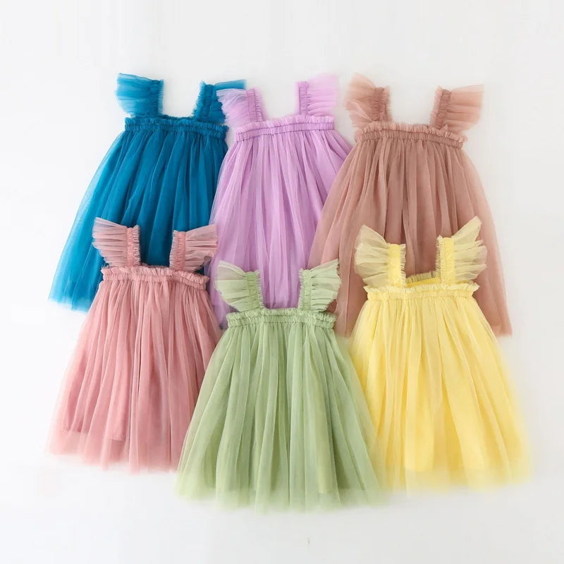 Nuova estate bambini ragazza vestito fionda senza maniche colletto quadrato tinta unita maglia principessa abiti da spiaggia bambino abbigliamento casual E2200