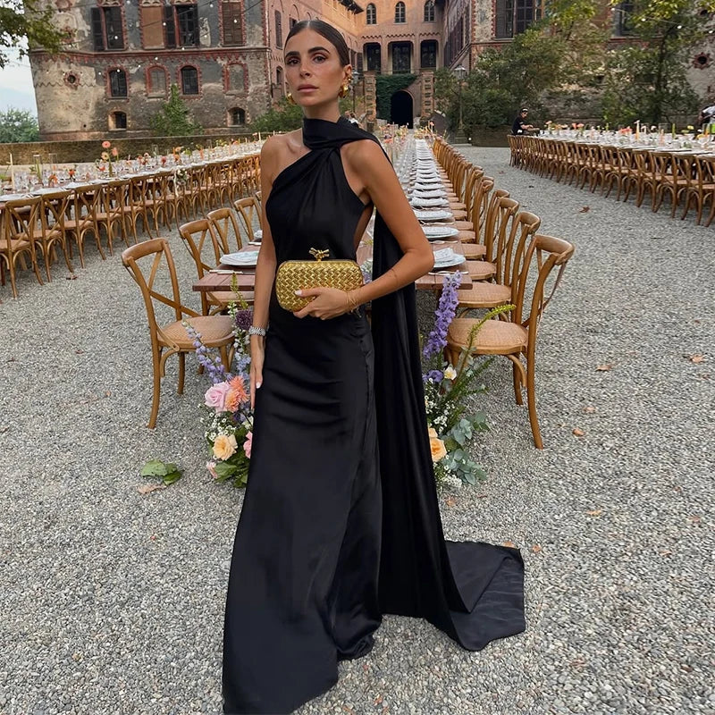 Sciarpa a nastro Halter Abito da donna Spalla inclinata Raso di seta Slim Fit Streamer Grandi abiti sexy senza schienale Abiti lunghi da donna Estate