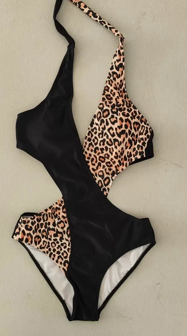 Sexy Leopard Print Color Block One Piece Swimsuit Women's Strap Backless Bodysuit Cross-Border Shipping Available