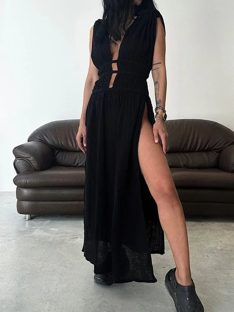 Copricostume Sexy 2026 con Scollo a V e Schiena Aperta, Vestito Lungo da Spiaggia per Donna con Cintura Intrecciata, Tunica Lunga con Spacco, Abito Vintage da Festa A2922