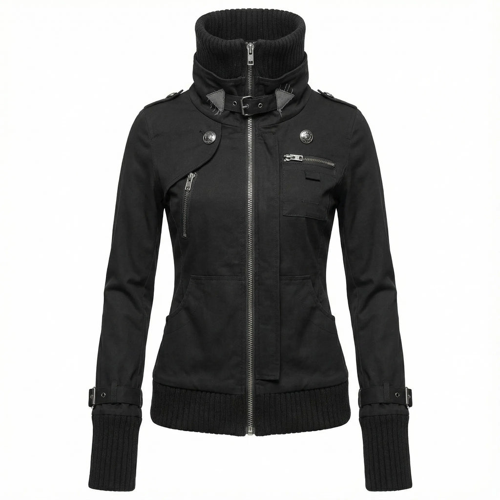 Giacca da donna casual nera con cappuccio Zip Upeatshirt Colletto in maglia a costine Manica lunga Autunno Inverno Streetwear Capispalla stile Y2K